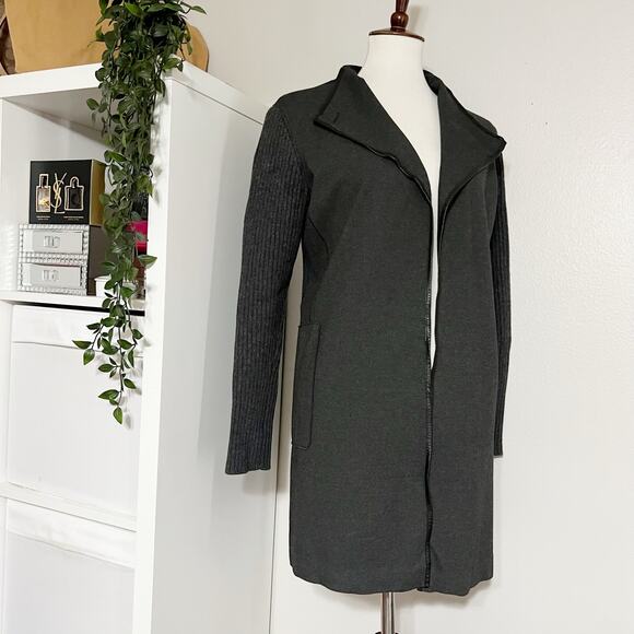 Lafayette 148 New York Grey Ribbed Sleeves Open Front Cardigan Jacket Size Small - Picture 3 of 9